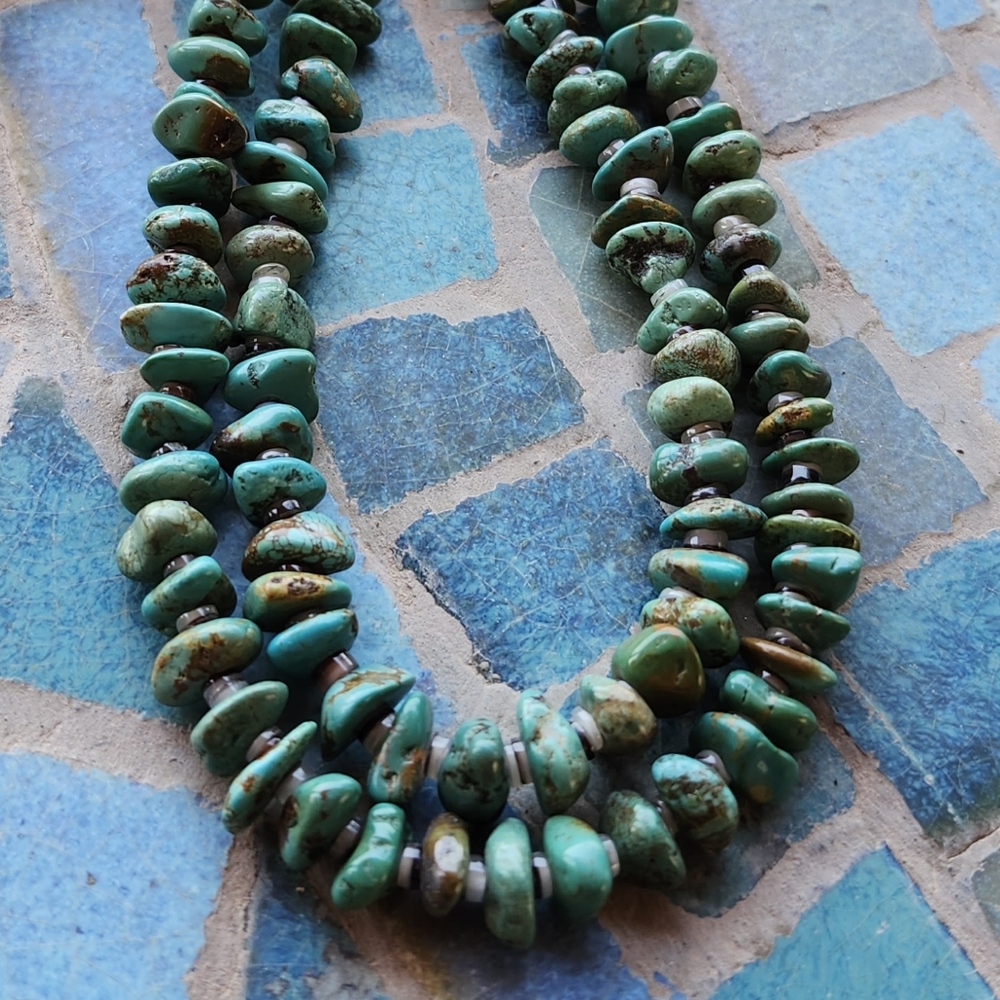 Sterling Silver Genuine Turquoise 2 strand Necklace Set - Picture 4 of 17